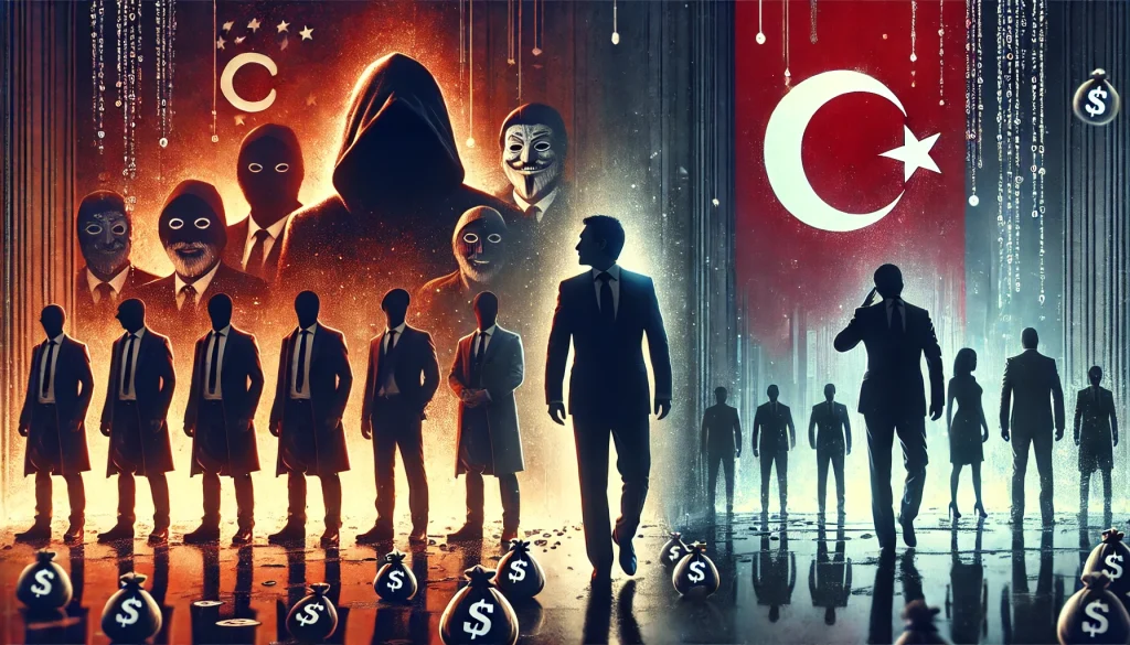 Türkiye’nin ekonomik ve siyasi gücü arasındaki mücadeleyi sembolize eden bu illüstrasyon, gölgelerdeki finansal elitler ile ulusal liderliği temsil eden figürü karşı karşıya getiriyor. Görsel, bağımsızlık ve halk desteğini vurguluyor