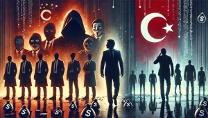  Türkiye’nin ekonomik ve siyasi gücü arasındaki mücadeleyi sembolize eden bu illüstrasyon, gölgelerdeki finansal elitler ile ulusal liderliği temsil eden figürü karşı karşıya getiriyor. Görsel, bağımsızlık ve halk desteğini vurguluyor